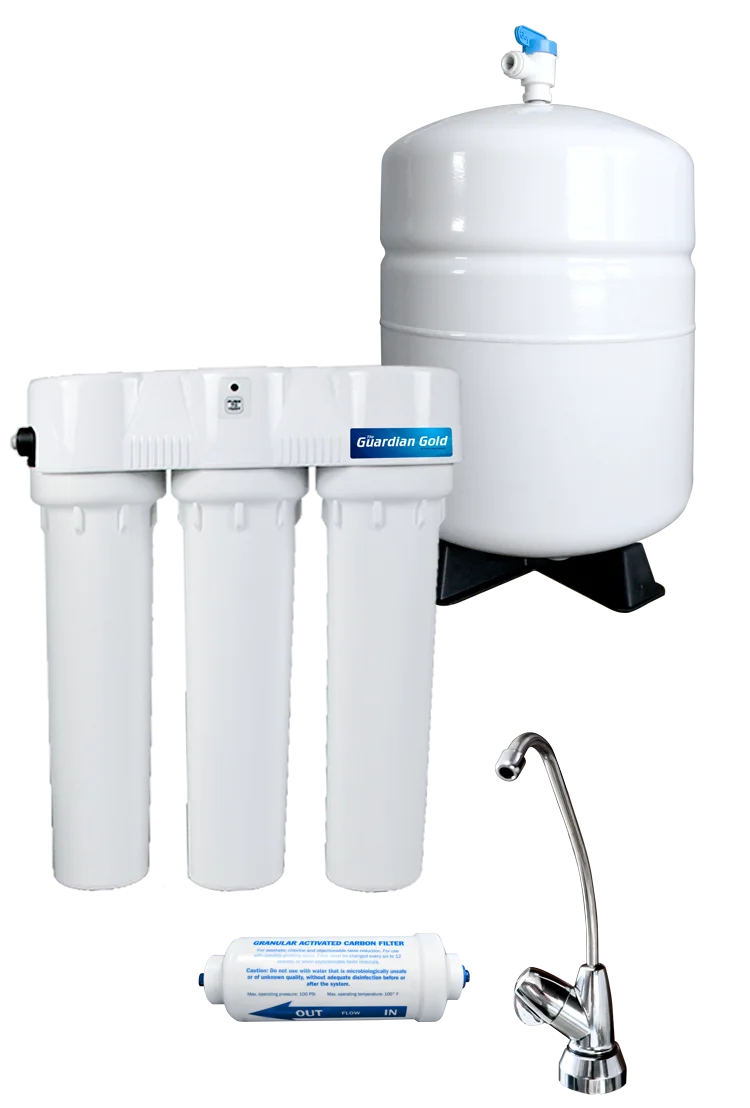 The Guardian-Gold reverse osmosis system with built-in TDS monitor, storage tank and faucet