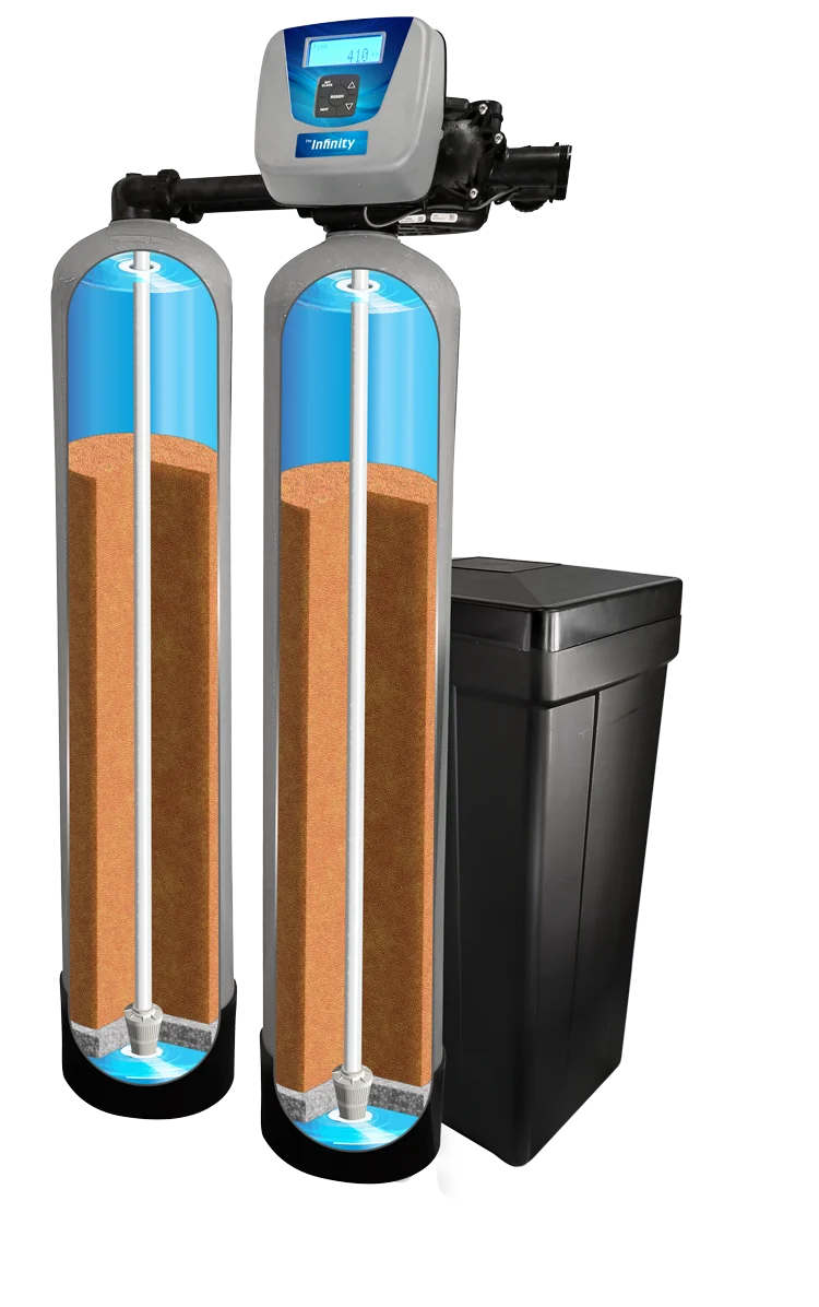 The Infinity twin-tank water softener by Varsity Water Systems, shown in cutaway view with two softening resin tanks, digital control head and black brine tank