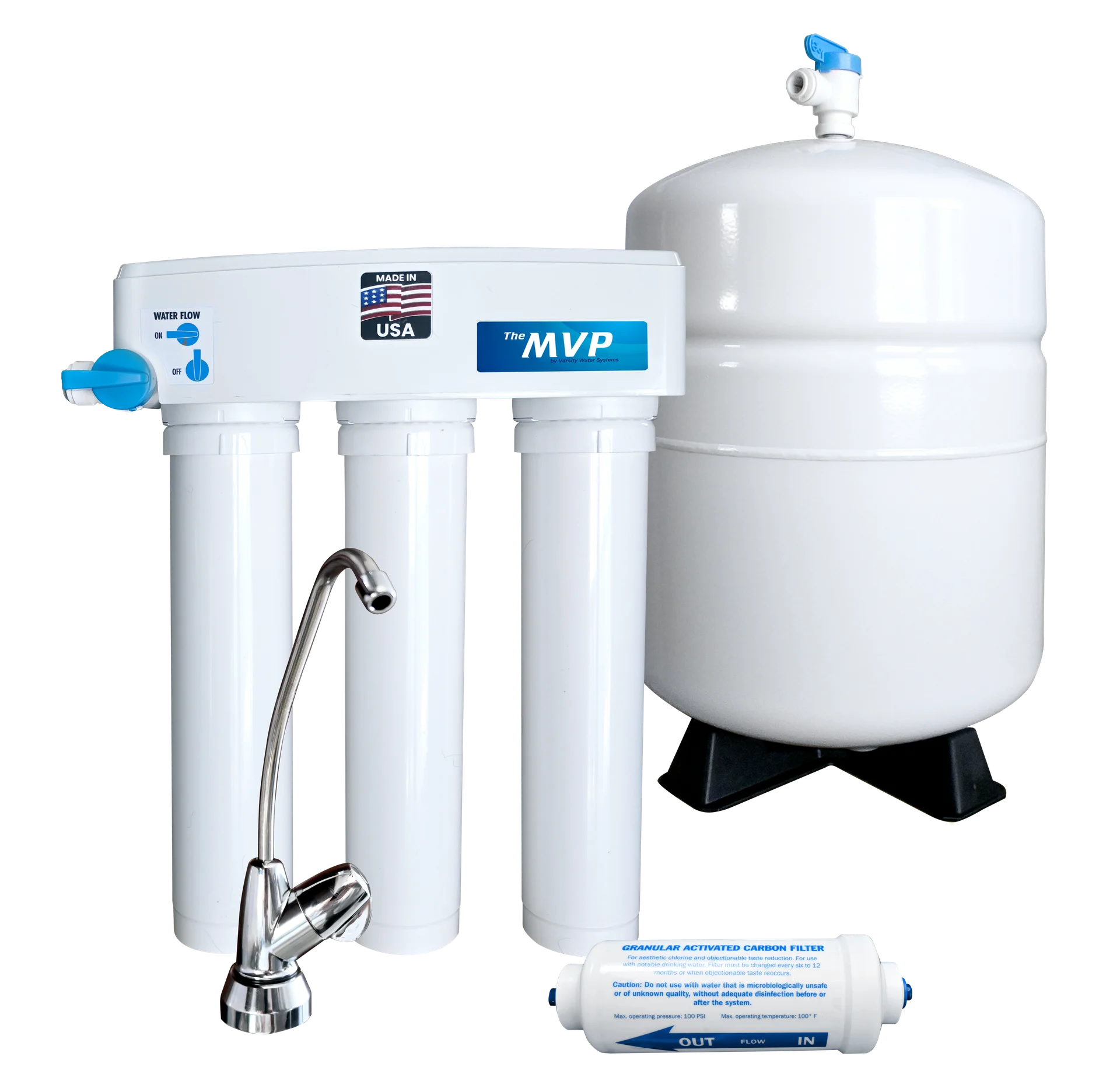 The MVP reverse osmosis system by Varsity Water Systems: filter manifold, cartridges, storage tank and dispensing faucet
