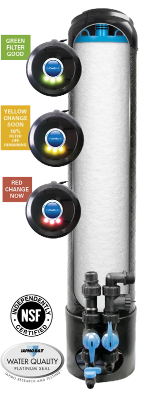 The PIONEER whole-home filter by ENPRESS, front view with certification marks and filter-life indicator lights