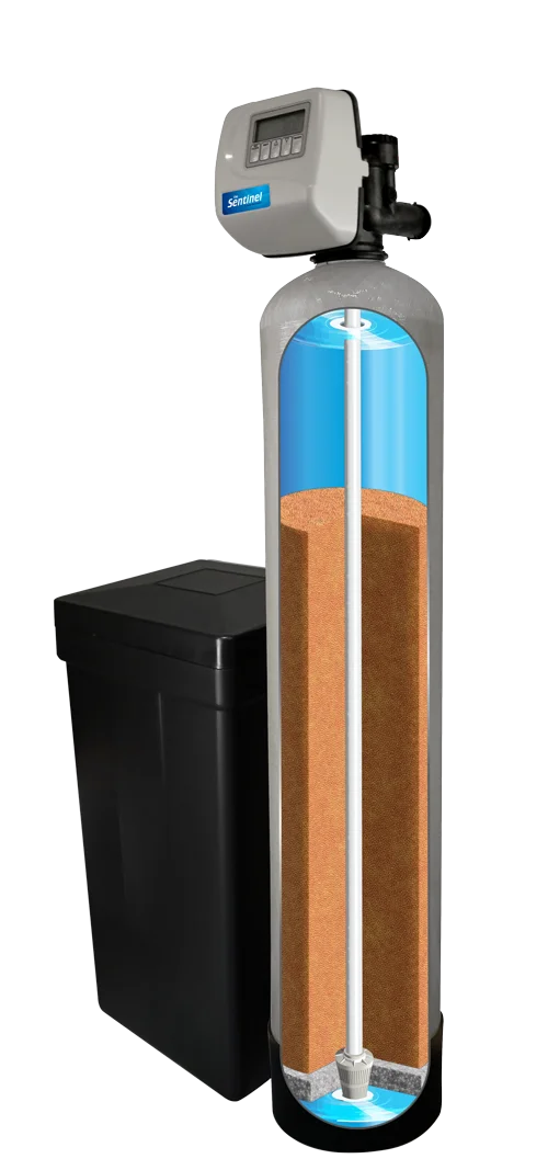 The Sentinel water softener shown in cutaway view with brine tank