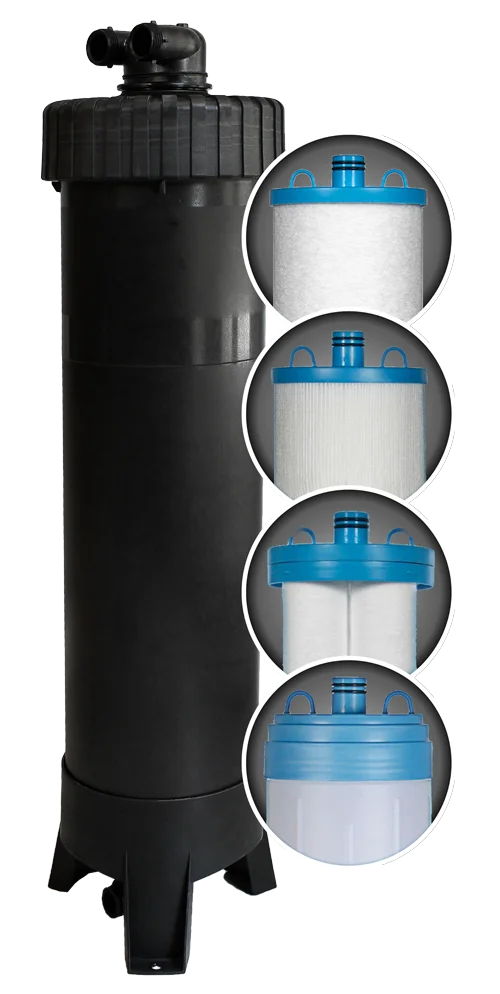 The Streamline cartridge filter housing shown with its interchangeable cartridge options