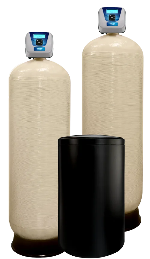 Two Titan commercial water treatment systems by Varsity Water Systems with brine tank